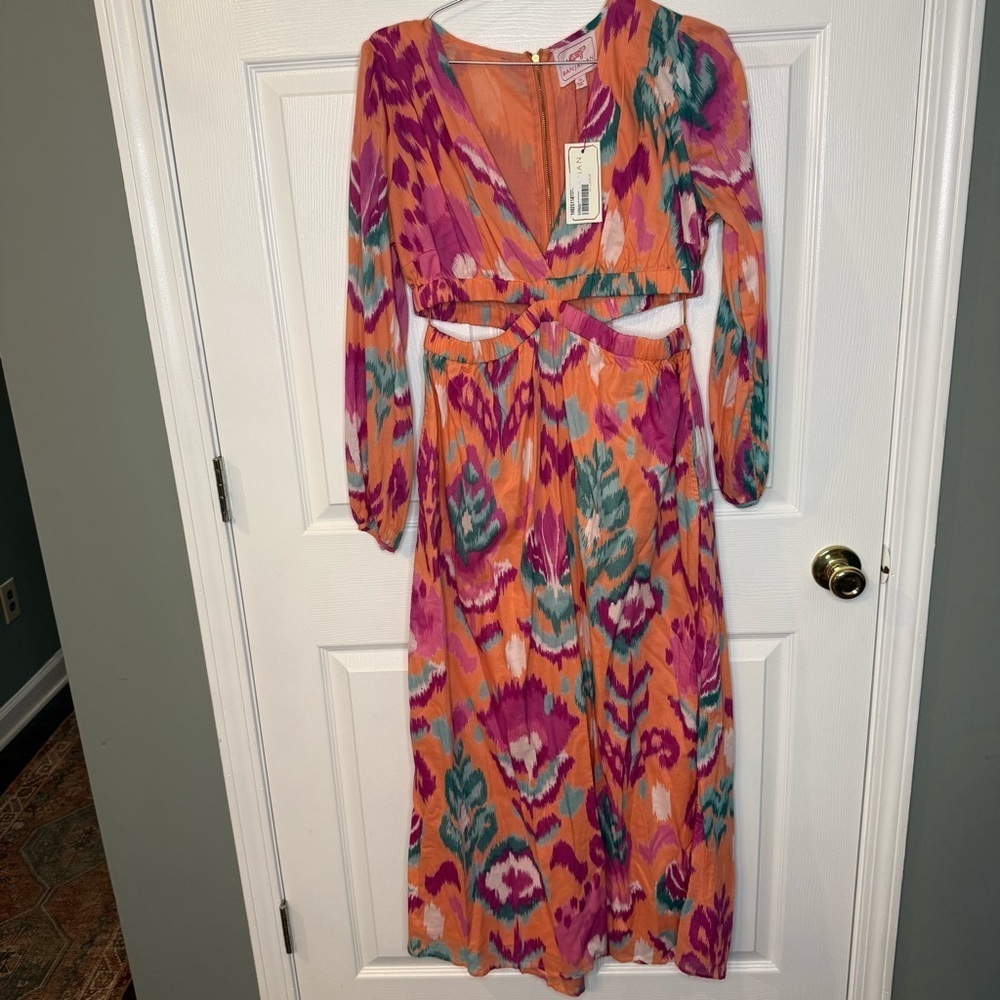 Banjanan 100% Cotton Orange and Pink Long Sleeve Dress with Cut Outs Size XL NWT - Picture 3 of 10